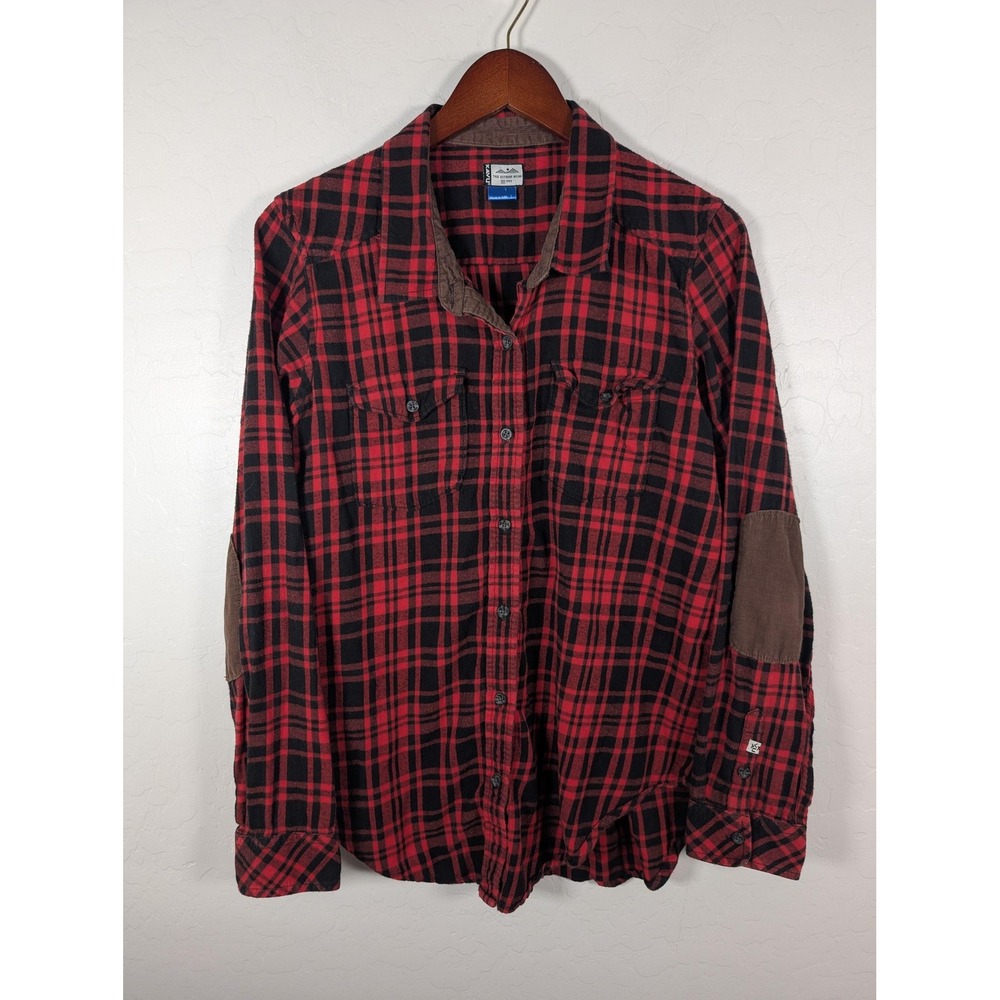 KAVU Shirt Womens Large Red Black Plaid Flannel Elbow‎ Patch Outdoor Workwear